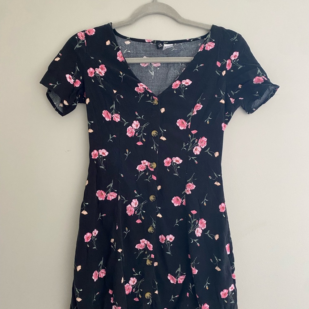 Divided Black Dress with Pink Floral Design